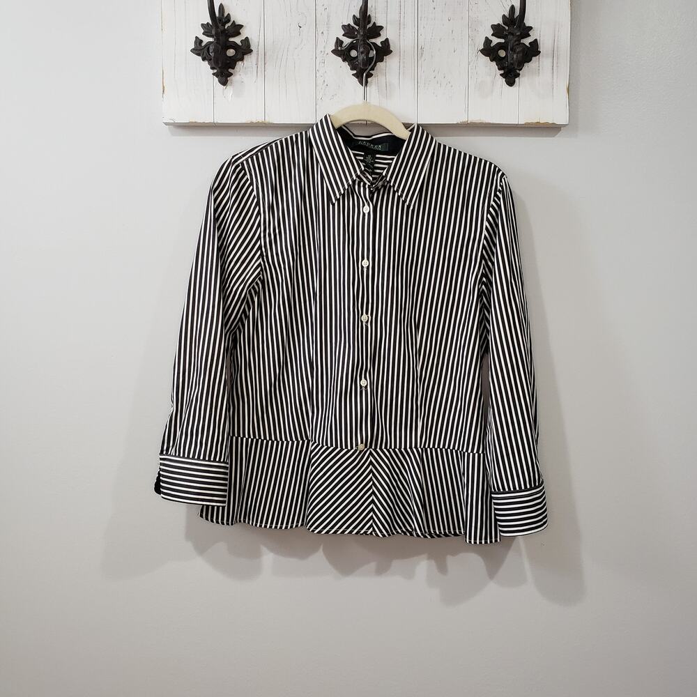 Lauren Ralph Lauren Shirt Womens 10 Black White Stripe Peplum Button Down Top